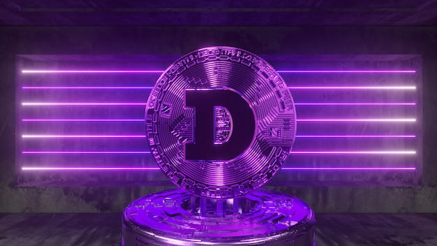 Dogecoin em uma sala futurista com iluminação neon. conceito de criptomoeda. ilustração 3d