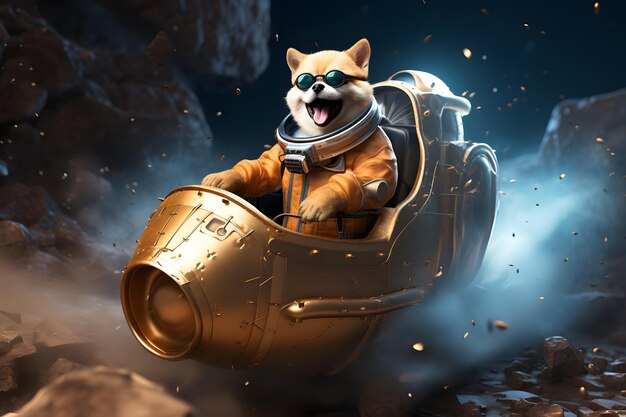 Dogecoin excitado em um foguete se aproximando da Terra