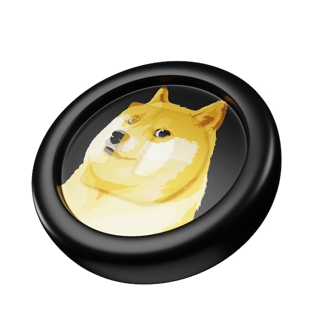 Dogecoin oder DOGE Black Gold Coin 3D-Rendering geneigte linke Ansicht Kryptowährung Illustration Cartoon