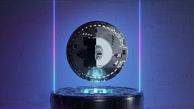 Dogecoin en una sala del futuro futurista con iluminación de neón. Concepto de criptomoneda. Ilustración 3d