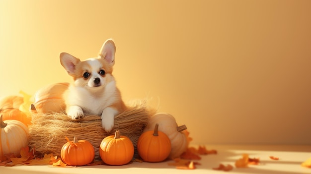 Doggi mit Herbstblättern und Kürbissen, erstellt mit generativer KI-Technologie