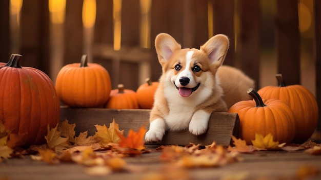 Doggi mit Herbstblättern und Kürbissen, erstellt mit generativer KI-Technologie