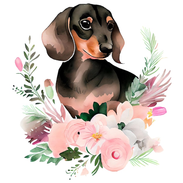 Dogue preto com flores cor-de-rosa aquarela Ilustração isolada em branco IA generativa