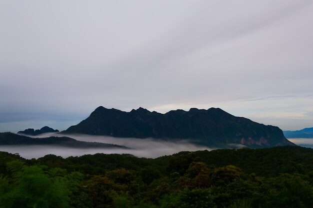 Doi Luang Chiang Dao und Nebel, die von Doi Mae Ta Man nachts schauen