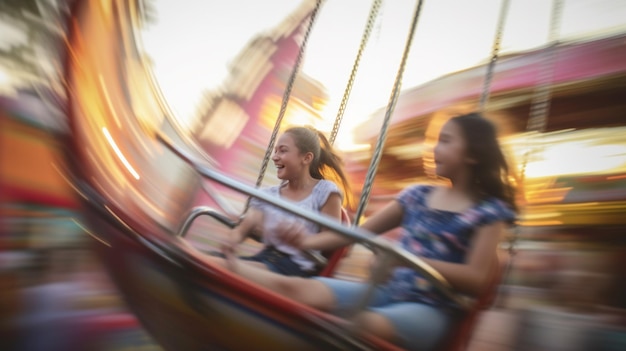 Dois adolescentes andando em um balanço no borrão de movimento do carnaval