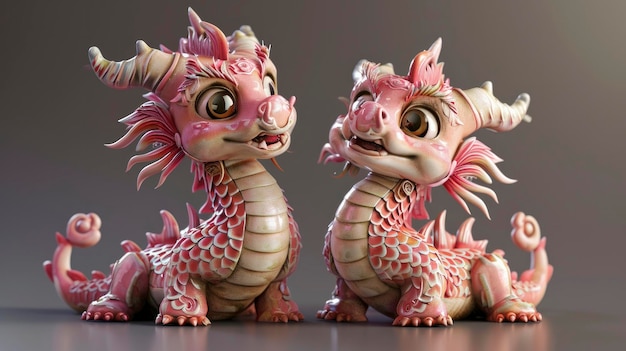 Dois adoráveis bebês dragão chinês celebrando o festival do Ano Novo Chinês com escamas rosa e ha