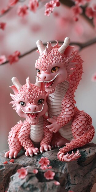 Dois adoráveis bebês dragões chineses celebrando o festival do Ano Novo Chinês com escamas rosas e expressões felizes