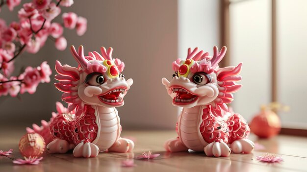 Dois adoráveis bebês dragões chineses celebrando o festival do Ano Novo Chinês com escamas rosas e expressões felizes