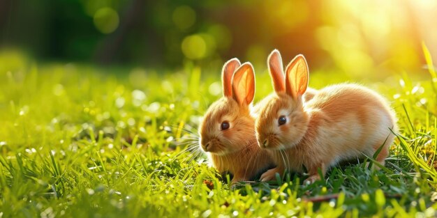 Dois adoráveis coelhos fofinhos na grama verde brilhante sob a luz do sol