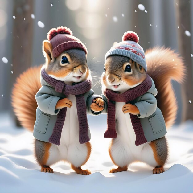 Dois adoráveis e doces esquilos bebês caminhando em um país das maravilhas de inverno de mão em mão