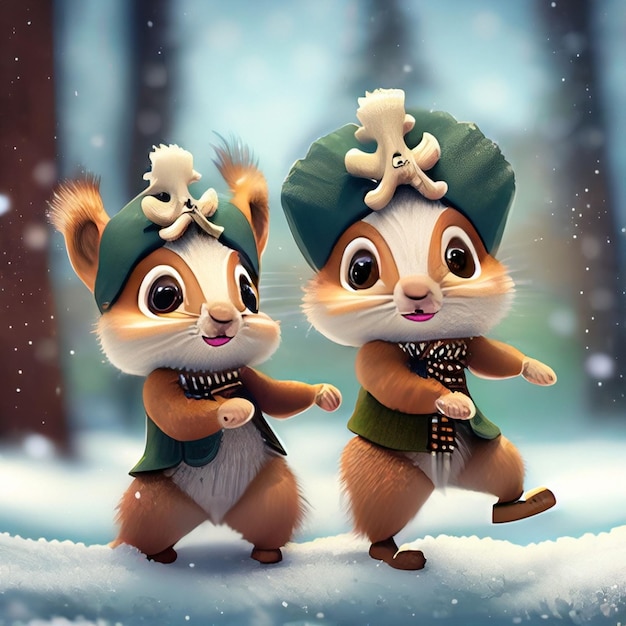 Dois adoráveis esquilos bebês dançando na neve na floresta renderizados no estilo de animação