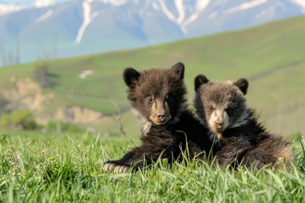 Dois adoráveis filhotes de urso Tian Shan com garras brancas brincam na grama