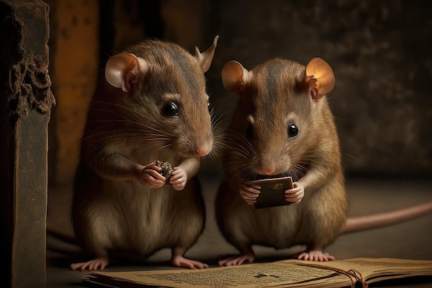 Dois adoráveis Ratos Marrons examinando a capa