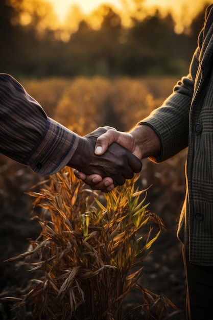 Foto dois agricultores de pé em um campo de trigo e apertando as mãos durante o pôr do sol