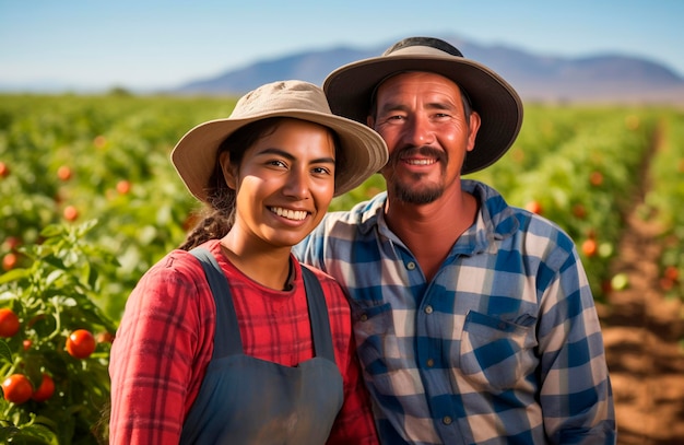 Foto dois agricultores felizes numa plantação de tomates durante a colheita