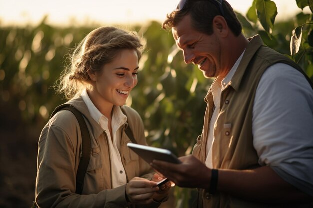 dois agricultores trabalhando em um campo com um plano de fundo de estilo bokeh