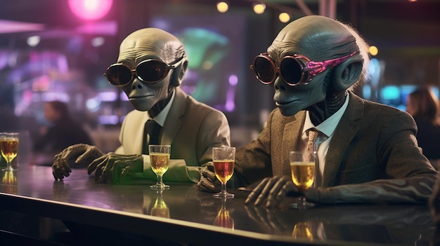 Foto dois alienígenas a beber num bar espacial.