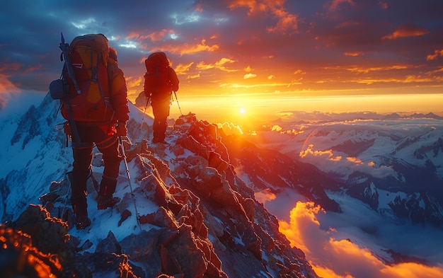 Dois alpinistas chegam ao cume do Mont Blanc, nos Alpes. Um belo pôr-do-sol e nuvens ao fundo.