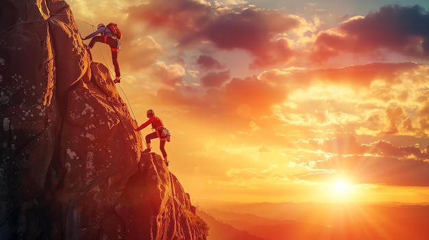Foto dois alpinistas em uma face de rocha o sol pôr lança um brilho dourado na cena os alpinistas estão usando equipamento de segurança e estão amarrados juntos