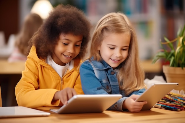 Foto dois alunos da pré-escola olhando para algo em um tablet digital juntos