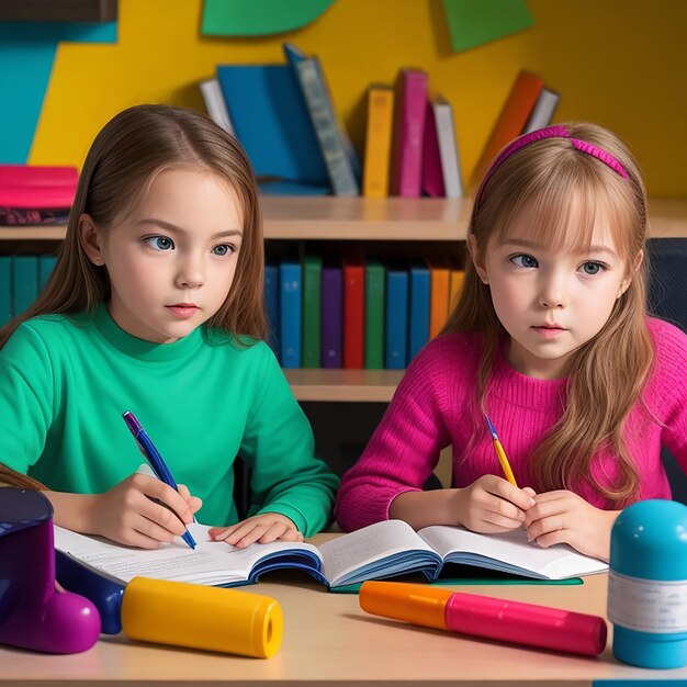 Dois alunos em uma sala de aula usando um laptop juntos