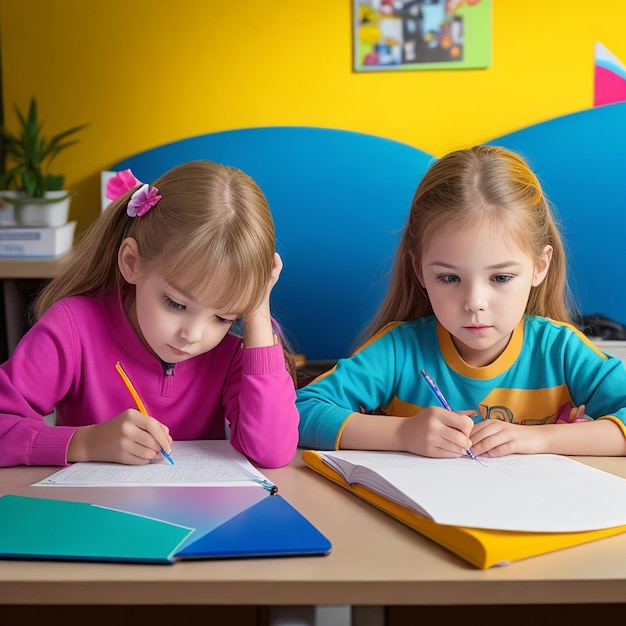 Dois alunos em uma sala de aula usando um laptop juntos