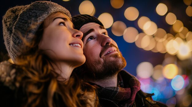 Dois amantes olham para o céu estrelado Noite de casal romântica