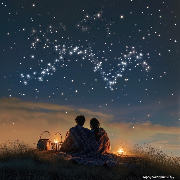 Foto dois amantes, um casal de noite romântico a olhar para as estrelas no céu, pragma.
