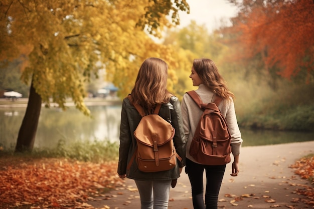 Dois amigos a caminhar juntos no parque a partilhar momentos de felicidade.