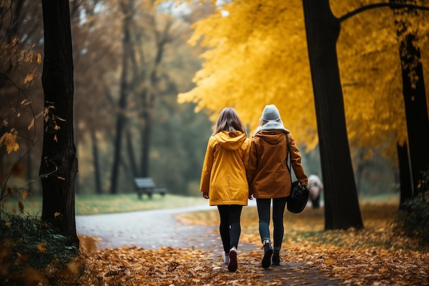 Dois amigos a caminhar juntos no parque a partilhar momentos de felicidade.