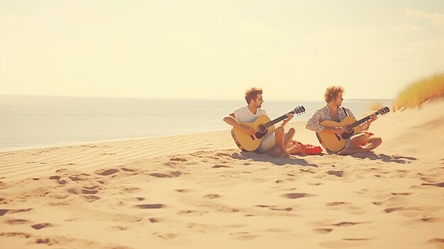 Dois amigos a tocar guitarra ao pôr-do-sol na praia.