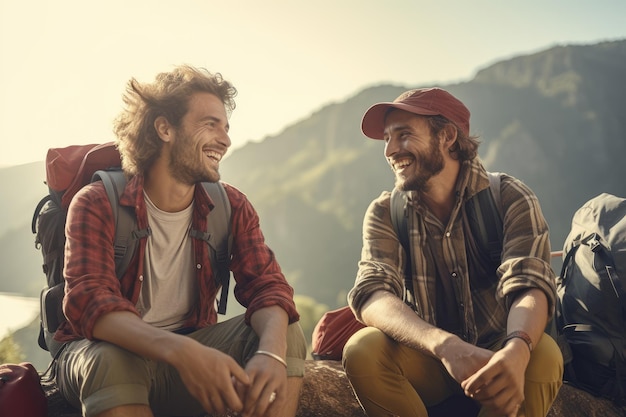 Dois amigos caminhando nas montanhas conversando e rindo AI Generative