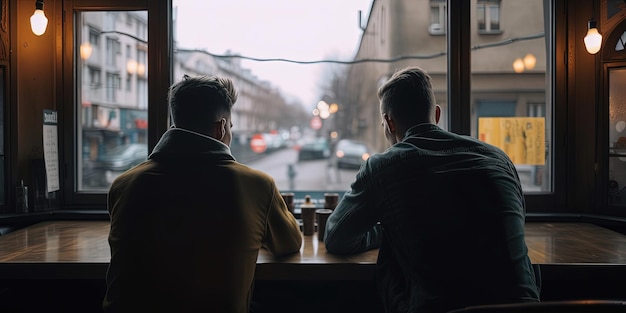 Dois amigos do sexo masculino a comer num café da cidade.