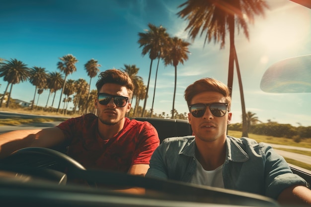 Dois amigos em um carro dirigindo na estrada com palmeiras em torno de AI Generative