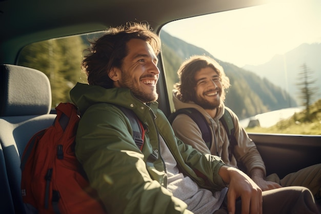 Dois amigos em um carro dirigindo na estrada com palmeiras em torno de AI Generative