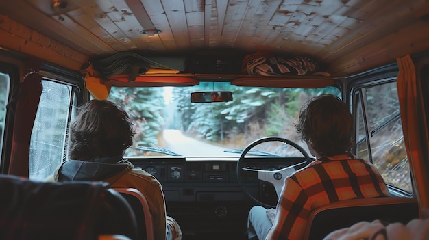 Dois amigos em uma viagem de carro dirigindo através de uma floresta coberta de neve eles estão olhando para a estrada à frente e eles estão ambos sorrindo