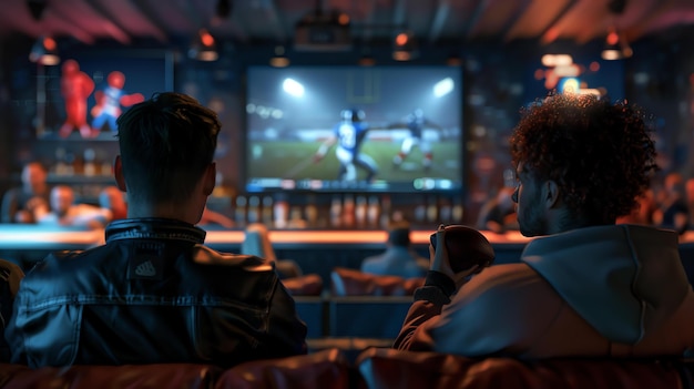 Foto dois amigos estão vendo um jogo de futebol na tv em um bar. ambos estão entusiasmados com o jogo e estão torcendo por sua equipe.