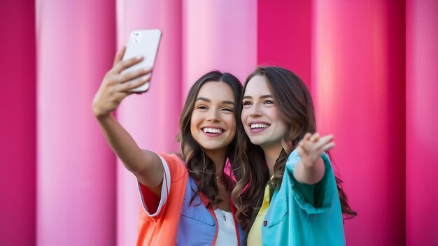 Dois amigos felizes tirando auto-retrato no celular de pé contra um fundo rosa