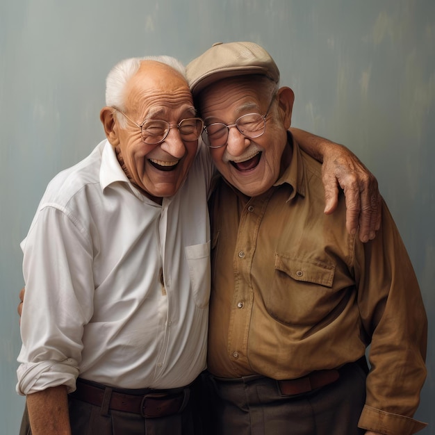 Dois amigos idosos se abraçando