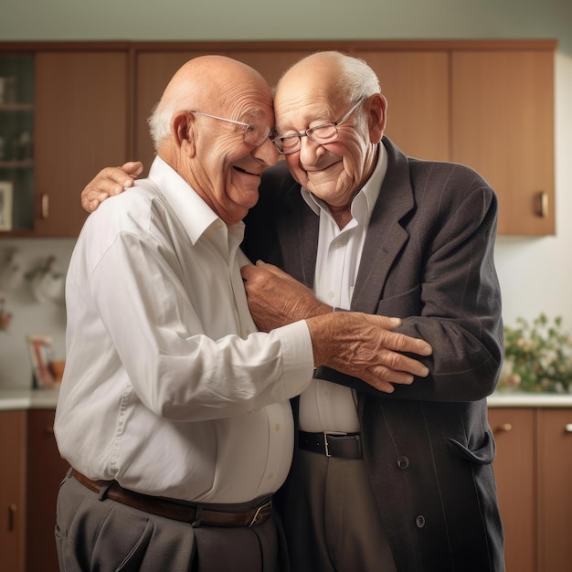 Dois amigos idosos se abraçando