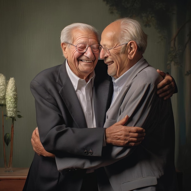 Dois amigos idosos se abraçando