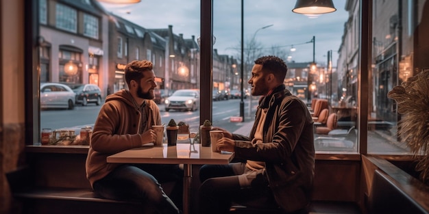 Dois amigos no café.