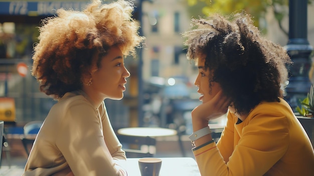 Foto dois amigos ou irmãs conversando em um café no terraço de uma loja de café.