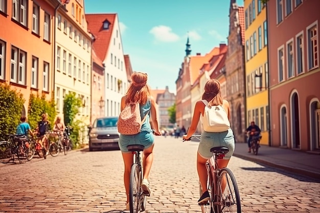 Dois amigos passeando de bicicleta em uma cidade pequena