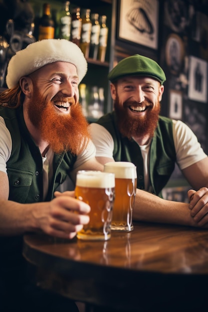 Foto dois amigos ruivos a celebrar o dia de são patrício com bebidas.