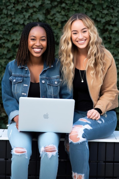 dois amigos sorriem para você enquanto usam o laptop criado com IA generativa