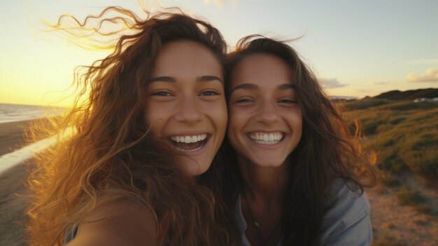 Dois amigos tirando uma selfie na praia de perto