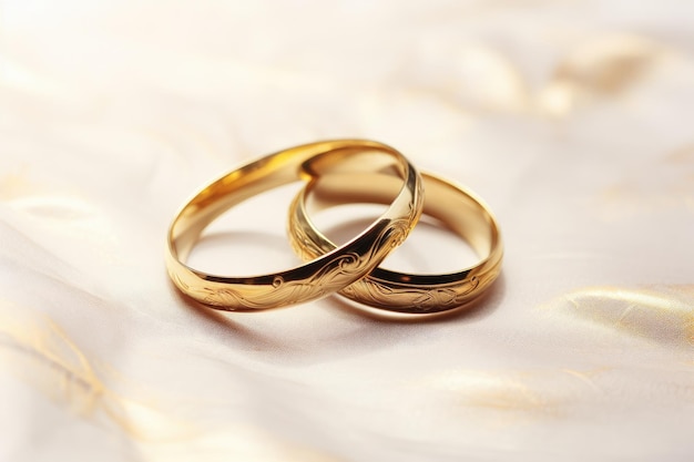 Dois anéis de casamento de ouro em um fundo de cetim branco Anéis de casamento em close-up fundo de convite de casamento AI Gerado