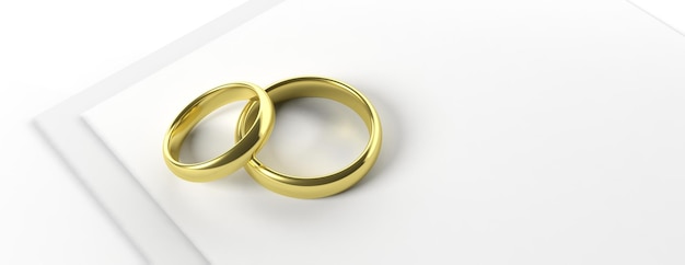 Dois anéis de casamento dourados isolados na ilustração 3d do espaço da cópia do banner do convite do papel branco