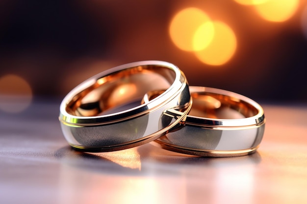 Dois anéis de casamento em uma superfície refletora com fundo quente